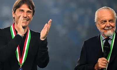 Antonio Conte e Aurelio De Laurentiis alla festa scudetto del Napoli