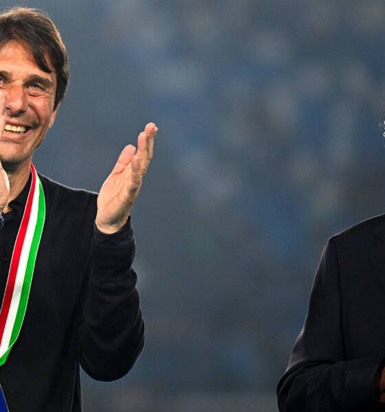 Antonio Conte e Aurelio De Laurentiis alla festa scudetto del Napoli